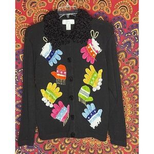Lisa International sweater sz L Knit Christmas Mittens holiday novelty VTG Beads